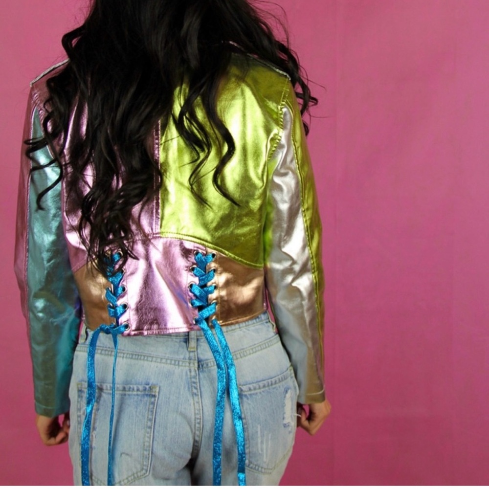 Dolls Kill Sugar Thrillz metallic moto jacket size small NWT - Picture 3 of 8